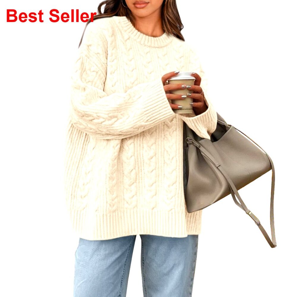 Cable Knit Pullover Sweater Oversized Crewneck Long Sleeve